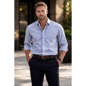 Tommy Hilfiger Mens Dress Shirt Reg Fit Non Iron Blue Wht Stripe 16.5 32/33 NWT